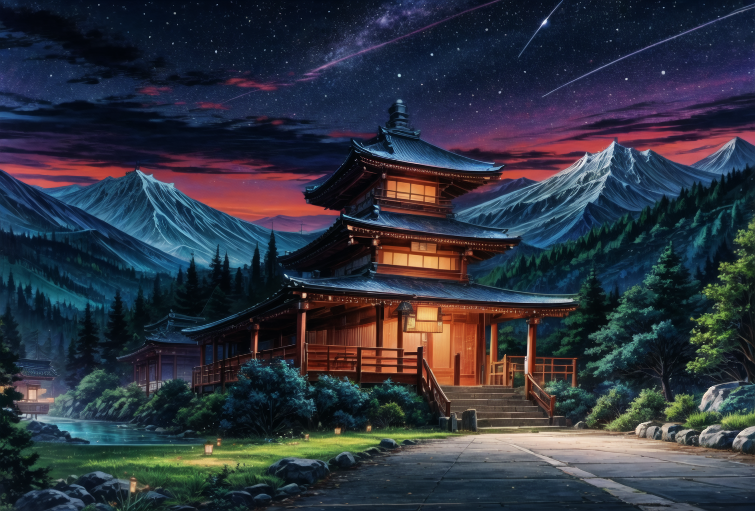 08361-537820483-, octans, sleepy japanese shrine at night landscape, beautiful night sky with stars and moon, telephone wires, hills with forest.png